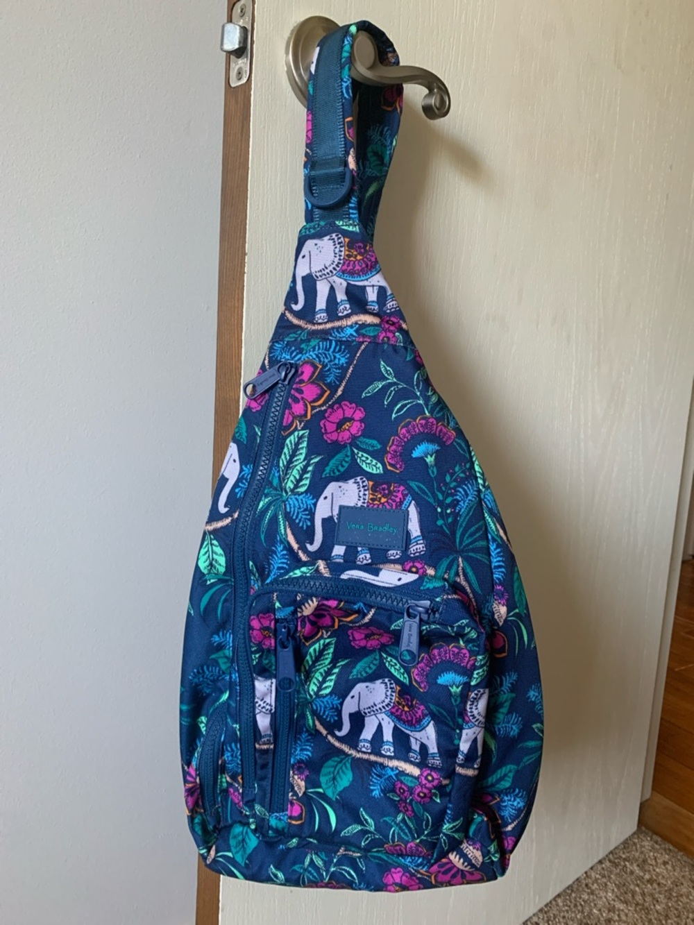 Vera Bradley Navy Elephant Floral Sling Bag with Teal and Pink Accents